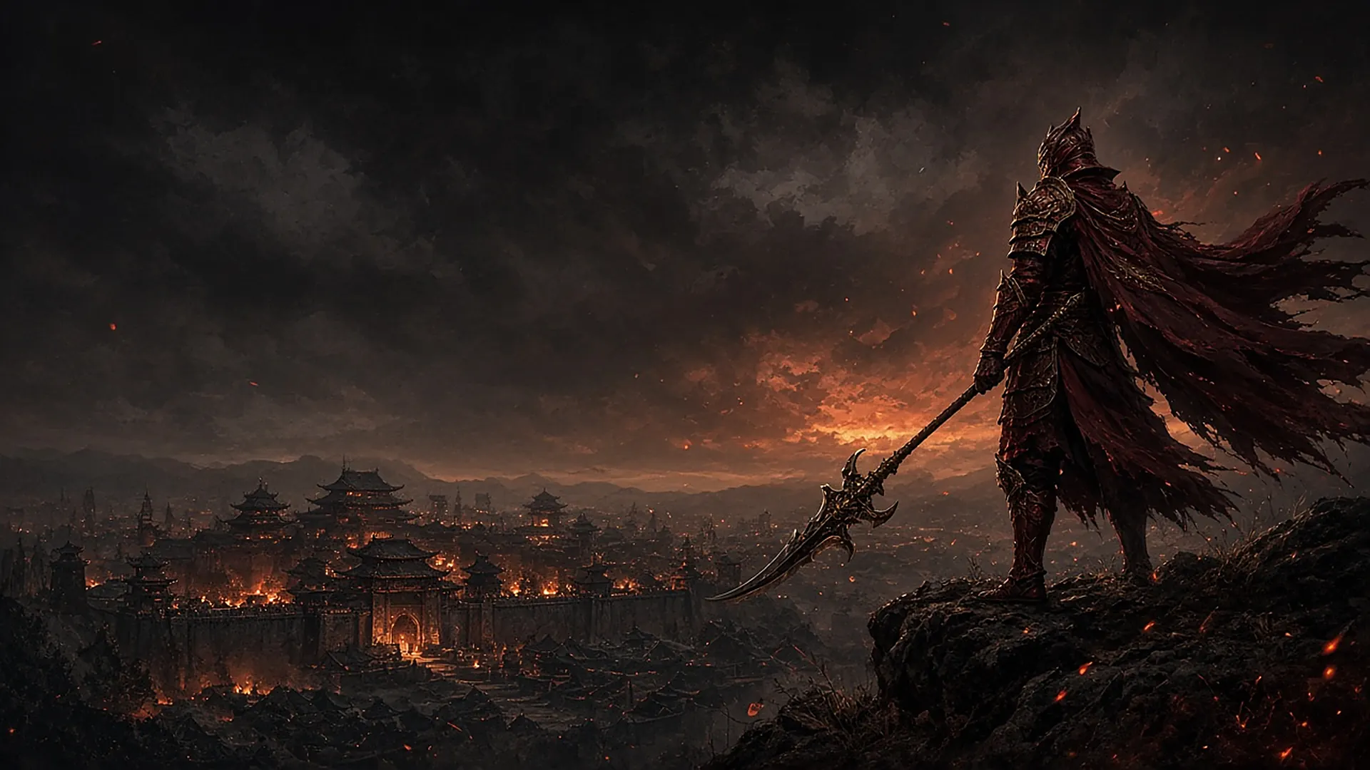 A warrior in red armor standing on a rock above an ancient Chinese city burning at night